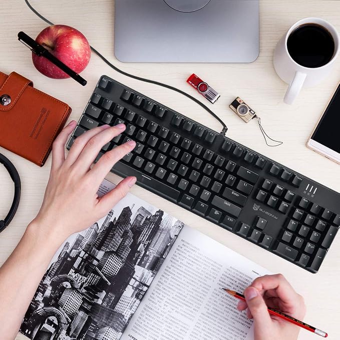 Merdia Mechanical Keyboard Gaming Keyboard | Red Switch, White Backlit Keyboard | 104 Keys US Layout | Wired Gaming Keyboard | Hot Swappable Mechanical Keyboard | PC Gaming Keyboards (Black)