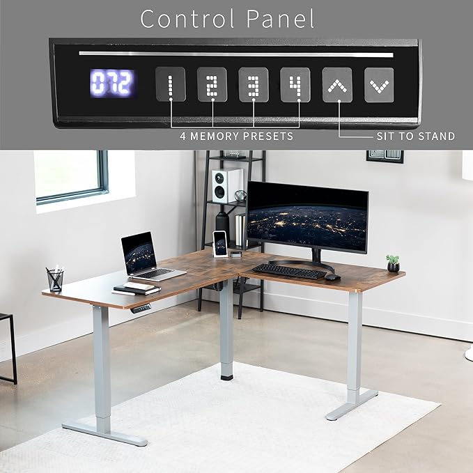 VIVO Corner Standing Desk, 63 x 55 inch Reversible L-Shaped Workstation, Electric Height Adjustment, Home, Office, and Reception Rooms, Rustic Vintage Brown Table Top Gray Frame, DESK-E3CTGN