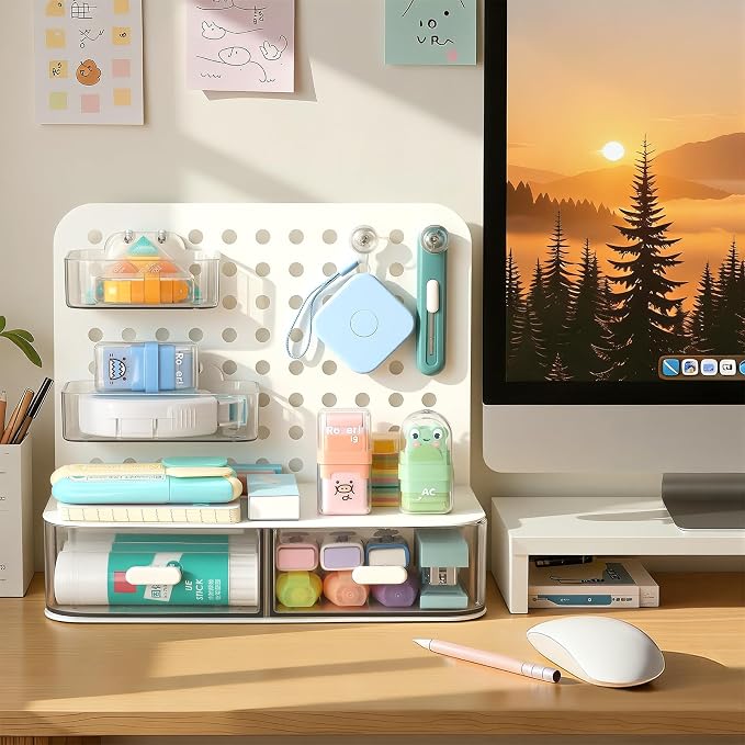 LETURE Desktop Stationery Organizer Storage with 3 Drawers, Plastic Desk Organization Holder with Pegboard Shelf & Adjustable Compartments for Stationery Office Supplies Makeup Accessories (White)
