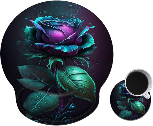 Mouse Pad with Wrist Support Gel, Ergonomic Mouse Pad with Comfortable Wrist Rest, Gaming Mousepad Non-Slip PU Base for Laptop Office Easy Typing & Pain Relief,Blue Rose Flower