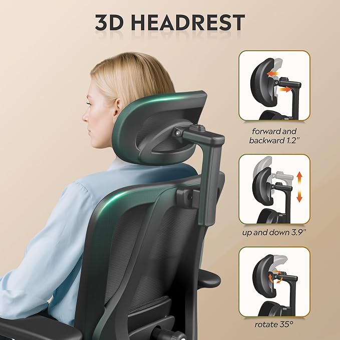 DEVAISE Ergonomic Mesh Office Chair with Adjustable 3D Headrest and Tilt Function, Big and Tall Reclining Comfy Home Computer Desk Chair with Lumbar Support and 3D Armrests, Black