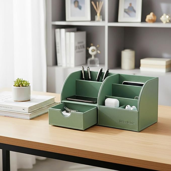 UnionBasic Desk Organizer - Multifunctional Leather Desktop Pen Holder Storage Box - Business Card/Pen/Pencil/Mobile Phone/Stationery Holder, Malachite Green