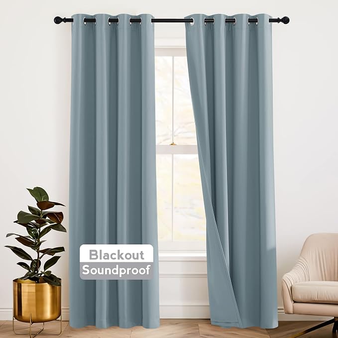 RYB HOME Blackout Curtains with Felt Fabtic Liner for Sound Absorbing, 3 Layers Soundproof Thermal Insulated Energy Saving for Bedroom Home Theater Baby Nursery, W 52 x L 95 inch, Dusty Blue, 2 Panels