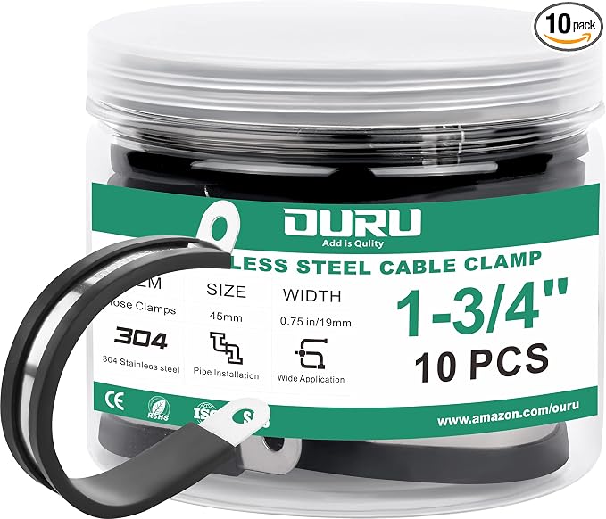 OURU 1-3/4 Inch Cable Clamps, Rubber Coated Insulated Clamps, 10pcs, 45mm | 304 Stainless Steel, Anti-Vibration, Rust Resistant, Secure Hold, Automotive Wire, Pipe & Tube Mounting, Cable Management