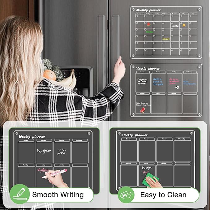 WALGLASS Acrylic Calendar for Fridge, Monthly Clear Acrylic Magnetic Dry Erase Board for Refrigerator, Set of 2 Stronger-Magnetic Reusable Fridge Planner, Includes 6 Liquid Chalk Markers