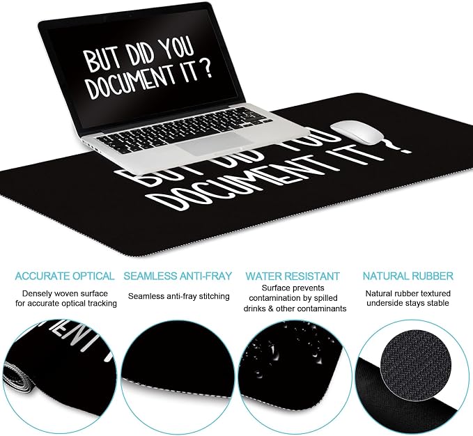 LIMKRIAN Black Mouse Pad Large Desk Mat Set, Funny Mouse Pad with Wrist Rest Keyboard Wrist Support XXL Mousepad Cup Coaster Set, Cute Office Desk Accessories Decor Supplies But Did You Document It