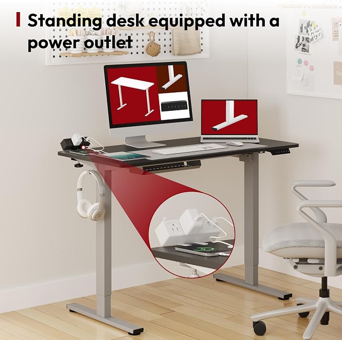 SANODESK Electric Standing Desk with Desk Clamp Power Strip 48"x 30" Whole-Piece Desktop Height Adjustable Stand Up Desk with Cable Management Sit Stand Home Office Desk Silver Frame/Black Top