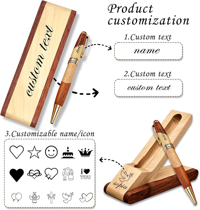 Custom Pen Set with Name Text Personalized Wood Ballpoint Pens Box Customized Engraving Pen Gift Set for Men Women Boss Colleagues Friends Graduation Christmas Fathers Day (Custom Pen 4)