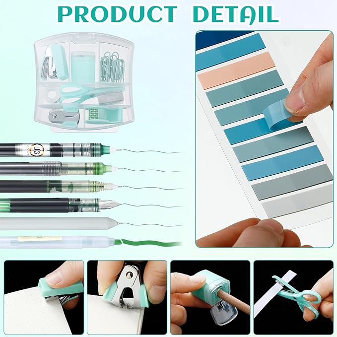 Colarr Mini Office Supply Kit Include Stapler Tape Dispenser Staple Remover Paper Clip Scissor Staple Pen Sharpener Note Small Telescopic Knife for Office Back to School Supplies Student Clerk(Green)