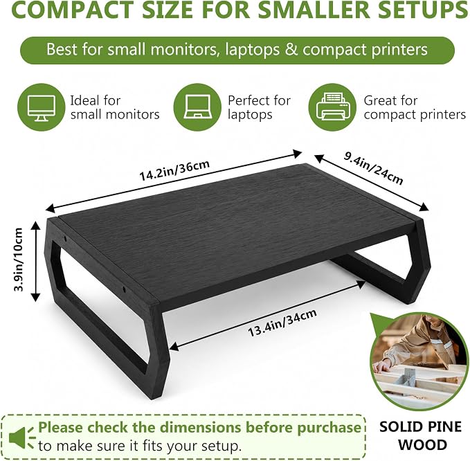 Wenqik Solid Pine Wood Laptop Riser, 14.2" Wooden Laptop Stand for Desk, Monitor Shelf with Keyboard Storage, Minimalist Desktop Organizer for Dorm Room, Home Office, Black(Hexagonal Design)