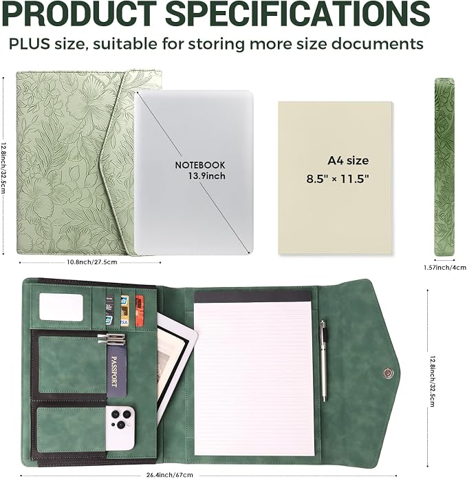 Embossed Professional Trifold Padfolio with Magnetic Closure – A4 Letter Portfolio Organizer for Business Meetings, Interviews & Presentations, Document Folder with Notepad Holder (Green)