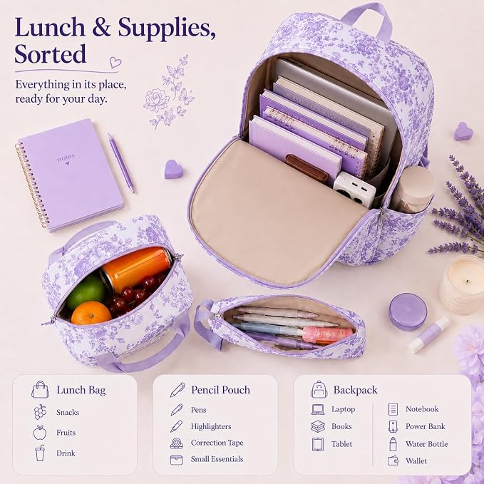 Bluboon Teens Backpack Set Girls School Backpack Lunch Box Pencil Bags Student Bookbags 3 in 1 (Purple Floral 277)