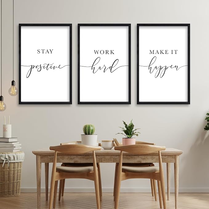 RLWangChao Inspirational Quotes Wall Art Decor 16"X24" 3 Piece Modren Office Stay Positive Work Hard Make It Happen Motivational Wood Framed Sign Living Room Positive Wall Hanging Decoration (Black)