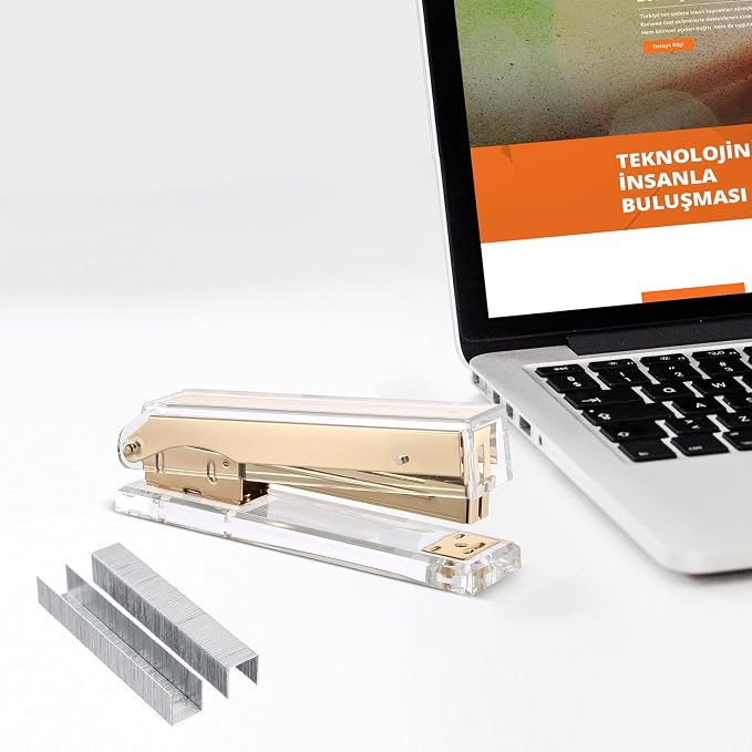 Acrylic Stapler,Clear and Gold-Tone Hardware, Beautiful Desk Accessory for Office Home or School,Takes Standard 24/6 or 26/6 Staples