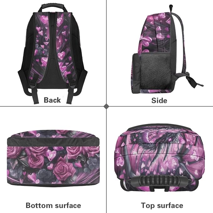 Dragon Heart Backpack for Girls 7-10, 4PCS School Backpack Set with Lunch Box & Pencil Case, Pink Rose 17 Inch Book Bag for Elementary Back to School