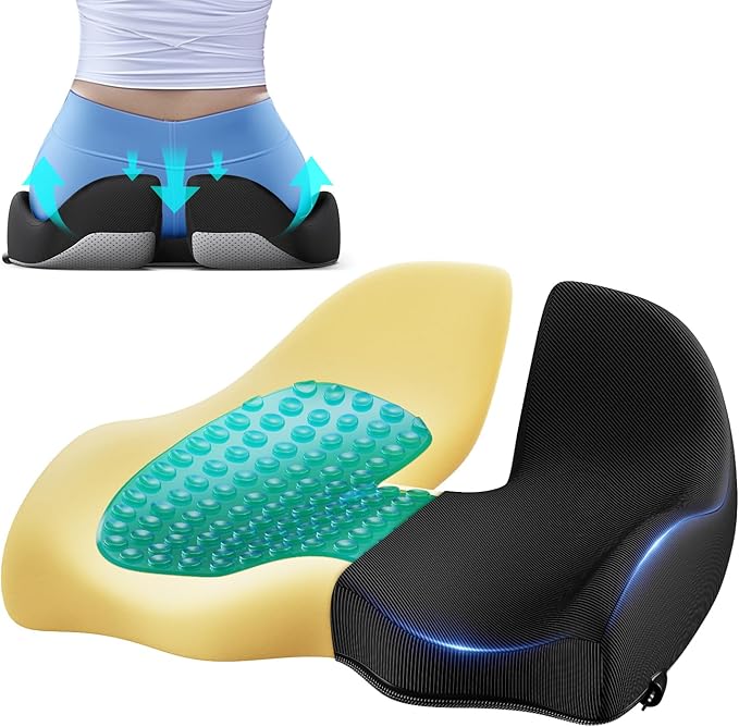 Benazcap Large Cooling Gel Memory Foam Seat Cushion for Long Sitting | Ergonomic cushion. Relieves sciatica, tailbone & lower back pain, great for office work, gaming and long-distance car travel.
