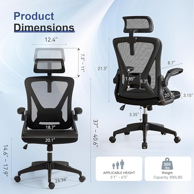 Mesh Office Chair with Adjustable Lumbar Support, Ergonomic High Back Desk Chair with Headrest, Swivel Rolling Computer Chair for Home Office (Black)