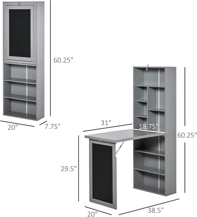 Folding Wall Mounted Desk with Storage, Expandable Hidden Computer Desk, Foldable Space-Saving Pull Out Murphy Table, Writing Table with Blackboard for Home Office Bedroom Small Spaces (Charcoal grey)