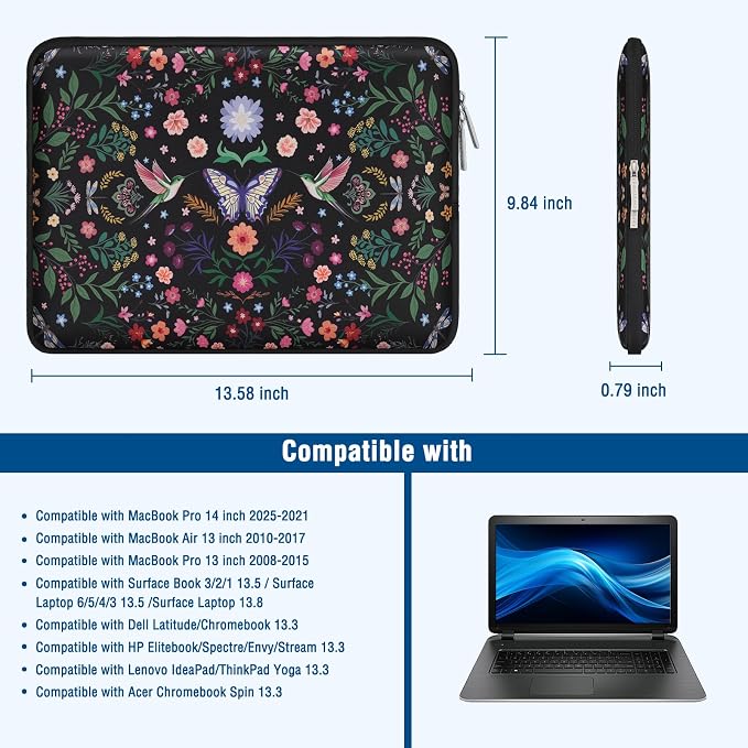 MOSISO Laptop Case 13.3 inch, 13-14 inch Laptop Sleeve Bag Compatible with MacBook Air/Pro 13/Pro 14, HP Dell ASUS Lenovo, Neoprene Hummingbird Plants Flowers Computer Bag with Small Case, Black