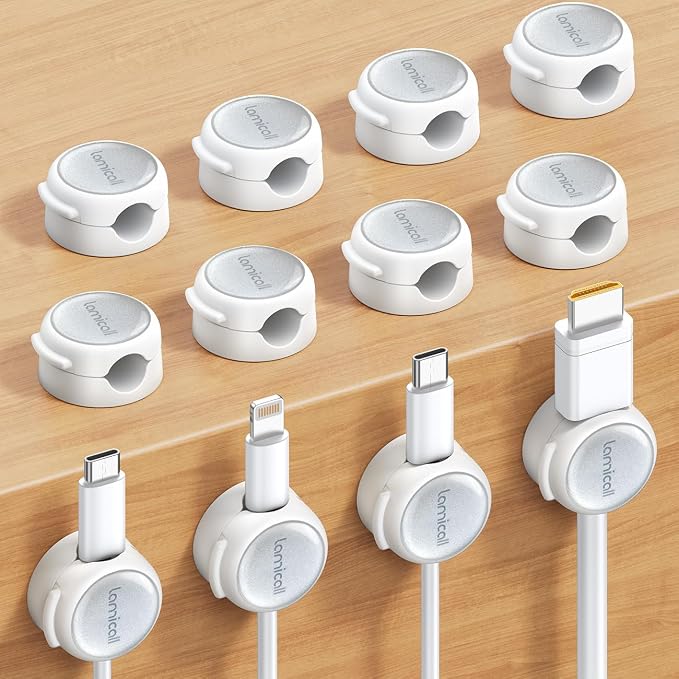 Lamicall 12 Pack Magnetic Cable Clips, Crystal-Clear Cord Organizer | Silver Shine, Strong Adhesive Phone Charging Cord Holder for Nightstand Desk Office, Home Organization Accessories