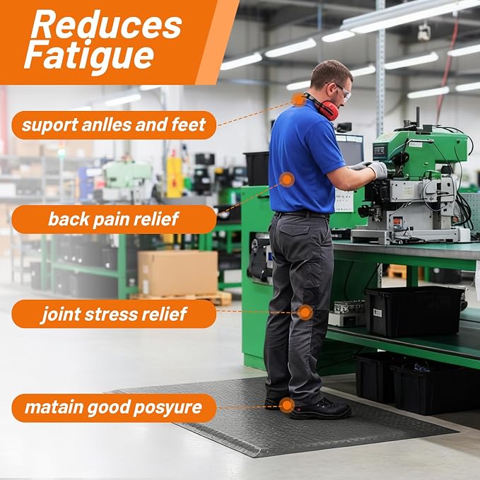 Nisorpa Anti Fatigue Mats Industrial 2' x 7' Ergonomic Standing Mat 15/16" Extra Thick Shop Floor Mat Kitchen Mat Heavy Duty Commercial Diamond Plate Support for Leg & Back Pain, Grey