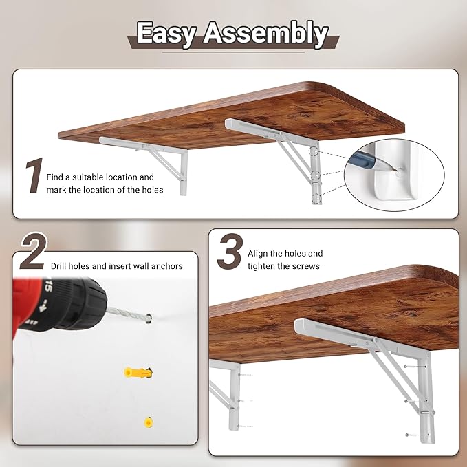 Neoaider Wall Mounted Folding Table 47.2”L x 19.7”W, Laundry Folding Table with Heavy Duty Metal Collapsible Shelf Brackets, Wall Mounted Desk Fold Down for Small Spaces, Brown