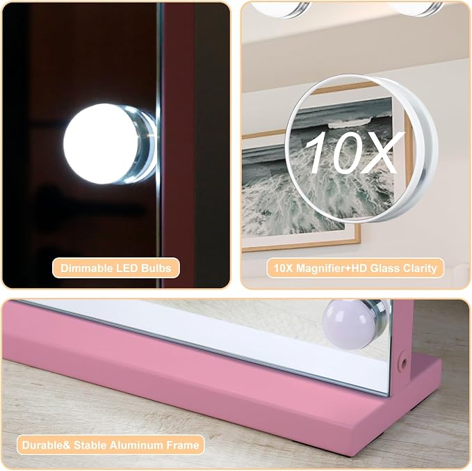 Moonee Vanity Mirror with Lights, Pink Hollywood Lighted Makeup Mirror with 15 Dimmable Bulbs and 10X Magnification, 3 Colors Modes, Aluminum Metal Frame, Light Up Mirror for Tabletop/Wall（23" x 18"）