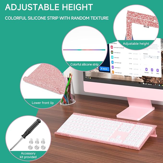 Ergonomic Computer Keyboard Stand - Adjustable Keyboard Riser Tilt Glitter Rose Gold Acrylic Keyboard Tray Non-Slip Elevated Typing Key Board Holder Lift for Home Office Desk Accessories