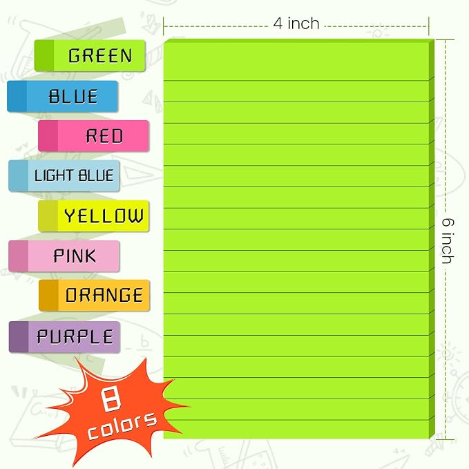 (8 Pads) Lined Sticky Notes 4x6 in Post, 8 Colors Self Sticky Notes Pad Its, Bright Post Stickies Colorful Big Rectangular Sticky Notes for Office, Home, School, Meeting, 40 Sheets/pad (Pack of 2)