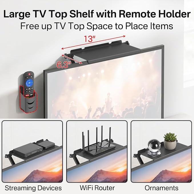 13" × 6.3" TV Top Shelf with Remote Holder - No Drill Top of TV Shelf with Anti-Scratch Adjustable Feet for Streaming Devices, Cable Box, Router & Decorations TV Top Mount Shelf, 1 Pack