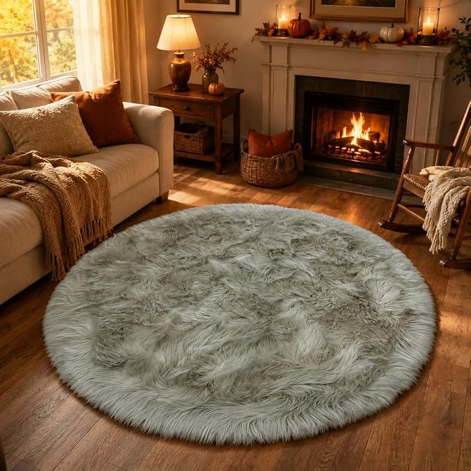 EasyJoy Faux Sheepskin Rug, Fluffy Faux Fur Rug, Ultra Soft Shag Area Rug with Non-Slip Backing for Bedroom, Living Room, Nursery, Kids Room(4 x 4 ft Round, Light Grey)