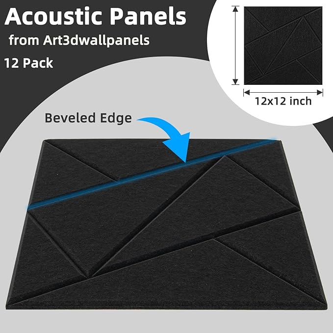 Art3dwallpanels 12 Pack Acoustic Panels 12" X 12" Self Adhesive Soundproof Wall Panels Sound Dampening, 3D Wall Decor Peel and Stick Absorbing Panels, Black