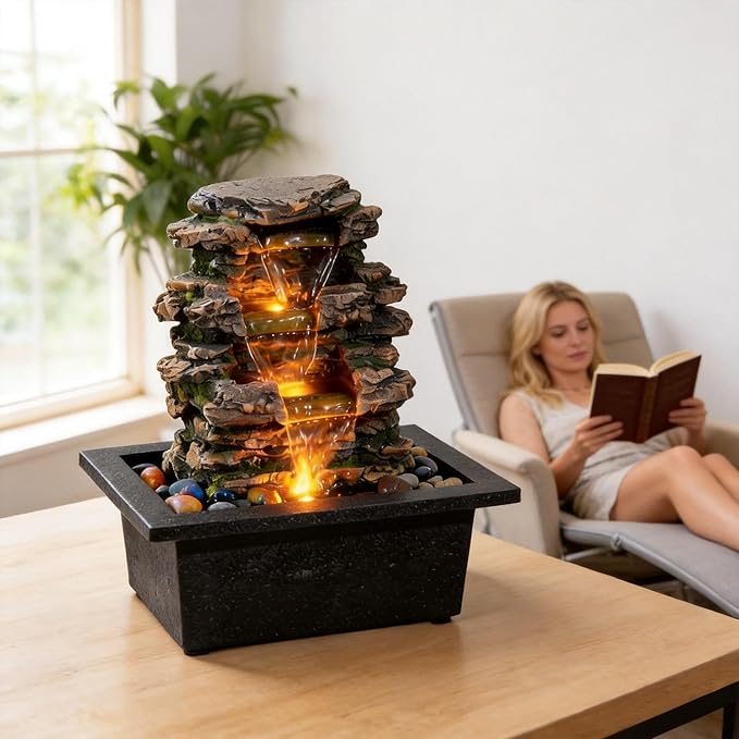 MAOCHI Tabletop Water Fountain, Home Décor Soothing Sound Machine with Automatic Pump, Deep Basin and Natural River Rocks. Indoor Zen Relaxation for Office, Living Room, or Bedroom Décor.