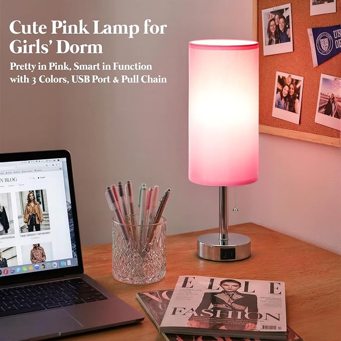 Dicoool Small Bedside Table Lamp for Bedroom, Pink Nightstand Lamp for Girls Kids, 3 Color Temperatures & USB Charging Port, Cute Desk Lamp for Teens Room Decor, Dorm Room Essentials