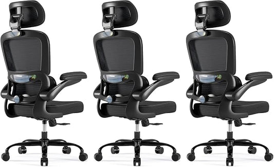 TRALT Ergonomic Office Chair - Desk Chair with Adjustable Headrest Lumbar Support Computer Chair - Mesh Comfy Chair with Flip-up Armrests - Gaming Chair for Adults Home Office PU, Black, Pack of 3