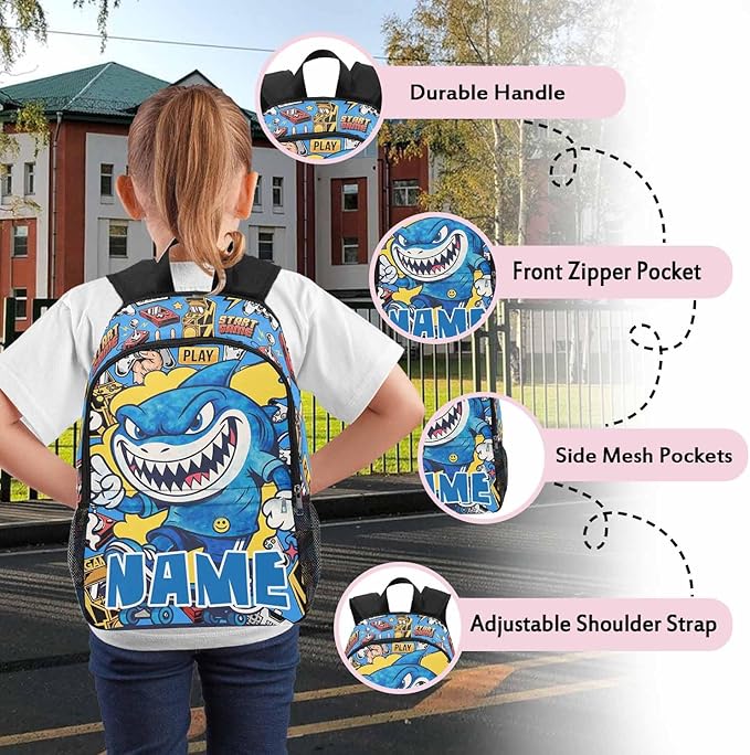 Back to School Supplies Personalized Shark Toddler Backpacks for Boys Backpack and Lunch Box Set Gifts for Son Custom Kids Backpack Casual Bookbag Schoolbag for Preschool Elementary Kindergarten