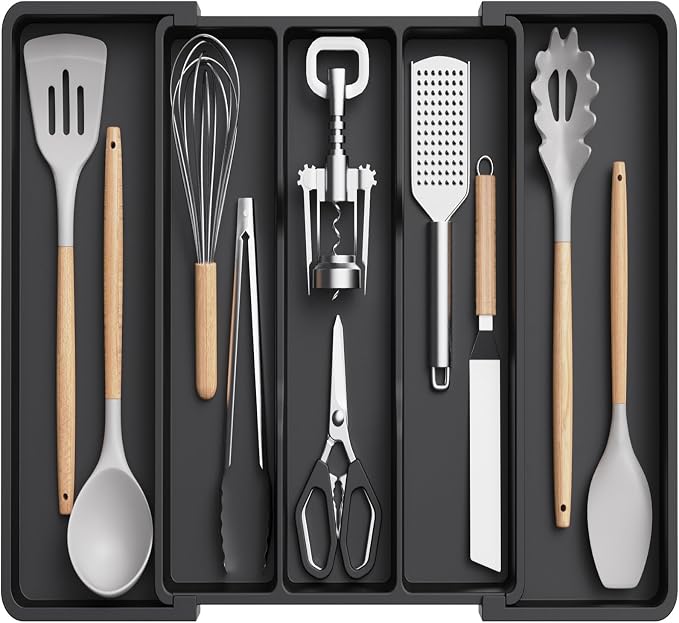 Lifewit Utensil Organizer, Expandable Kitchen Drawer Tray, Adjustable Cutlery and Cooking Utensil Holder, Black