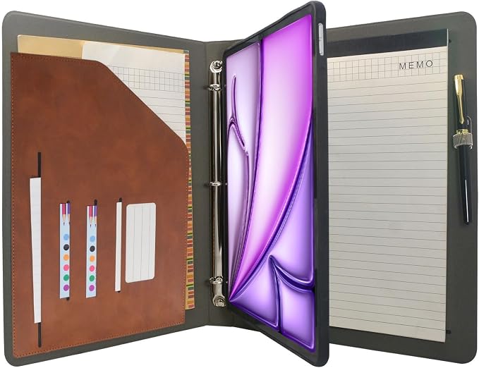 Tablet Organizer Portfolio Case with 3-Ring Binder, Binder Padfolio File Folder with Removable Tablet Holder, Compatible with iPad Air 13" M4/M3/M2 (2026/2025/2024), Brown