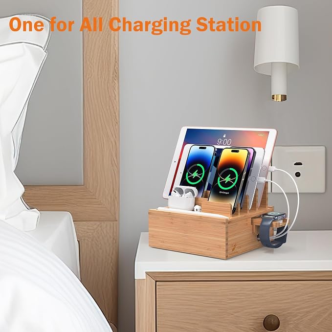 Pezin & Hulin Desktop USB Charging Station with Power Charger & Cables | Bamboo Charging Station for Multiple Devices, Desktop Charger Block, Compatible with Tablet, Cell Phone, Earbuds, Smartwatch