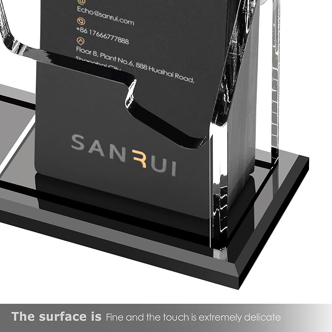SANRUI Acrylic Business Card Holder with Pen Holder, 2-Slot Vertical | 8mm thick stable base, desktop card organizer for office reception & trade shows, holds cards & stationery, space-saving
