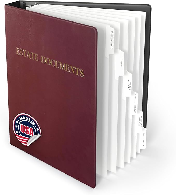 TRS Estate Planning Binder Kit – Pre-Labeled Tabs, Sheet Protectors | 1.5" D-Ring Faux Leather Organizer for Wills, Trusts, Power of Attorney & End-of-Life Planning | Burgundy