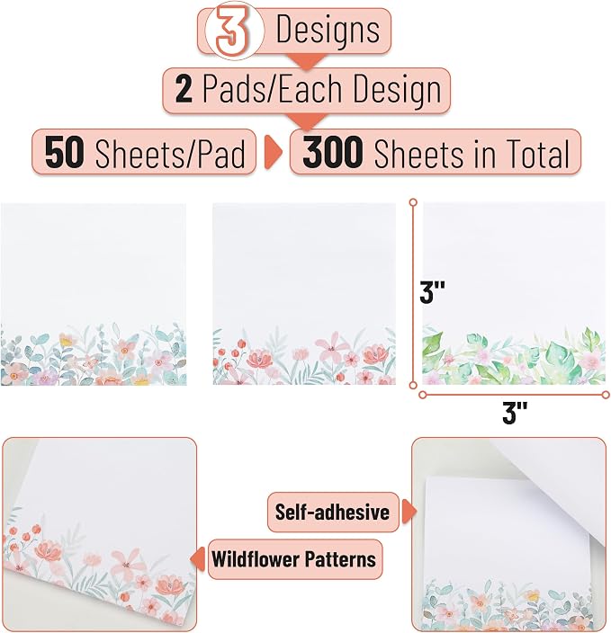Mr. Pen- Wildflower Sticky Notes, 3"x3", 6 Pack, 300 Sheets | Untamed Flora Sticky Notes, Self-Stick Note Pads, Adorable Memo Pads for Journal, Planners, Office, School, Home