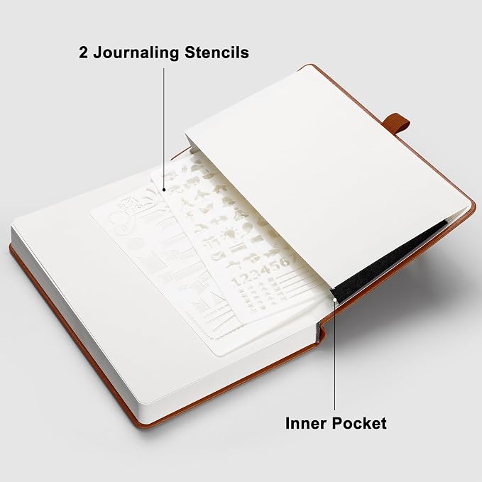 RETTACY Dotted Journal Notebook, 192 Pages, A5 Medium Size (5.7'' x 8.3''), Leather Hardcover, 100 GSM Thick Paper, for Journaling, Planning, Tracking (Brown)
