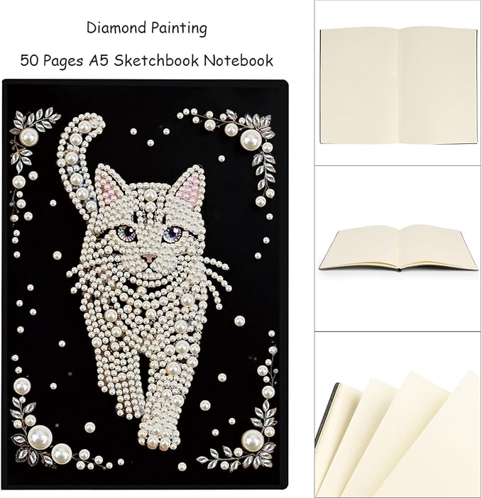 FRANDEK Pearl Painting Notebook Kit, Cute Cat A5 DIY Journal with 50 Blank Pages, Diamond Gem Art Cover with Waterproof Canvas, Beginner Craft Set with Full Tools for Adults