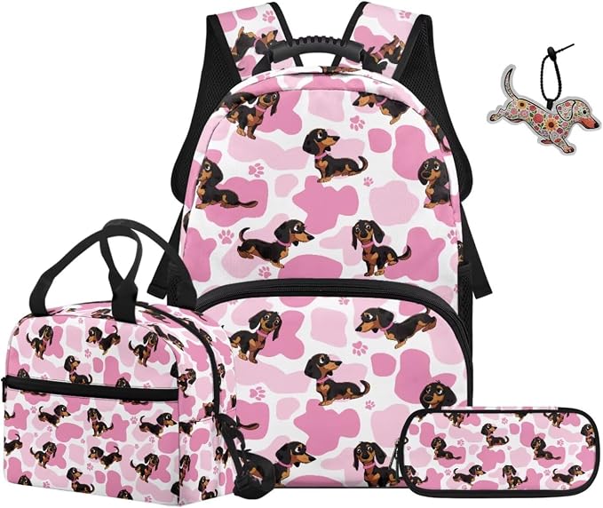 ZFRXIGN Cute Dachshund Dog Girls Backpack 17inch Elementary School Bookbag with Cute Pendant 4pc Backpack Set for Kids Girls Insulated Lunch Box Cow Print Pencil Case