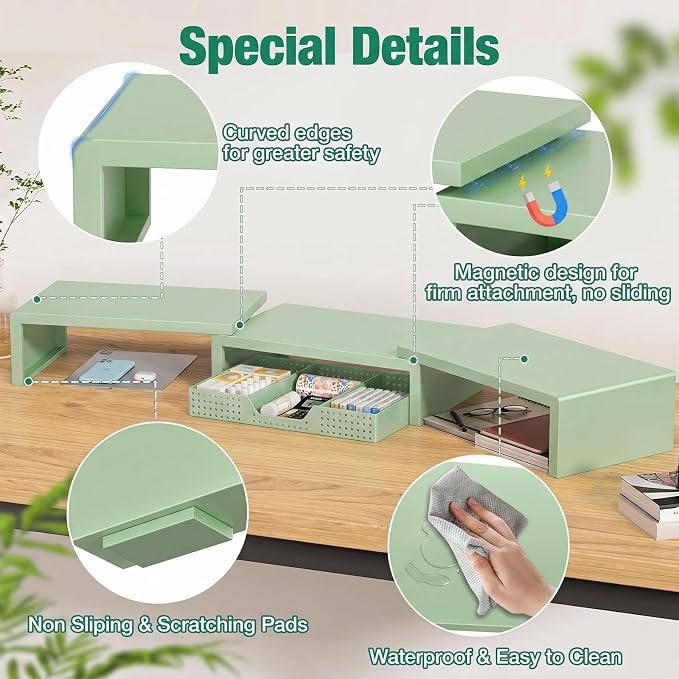 OPNICE Dual Computer Monitor Stand Riser, Desk Organizer with Drawer, Office Desk Accessories & Workspace Organizers for Home Office Supplies, Green