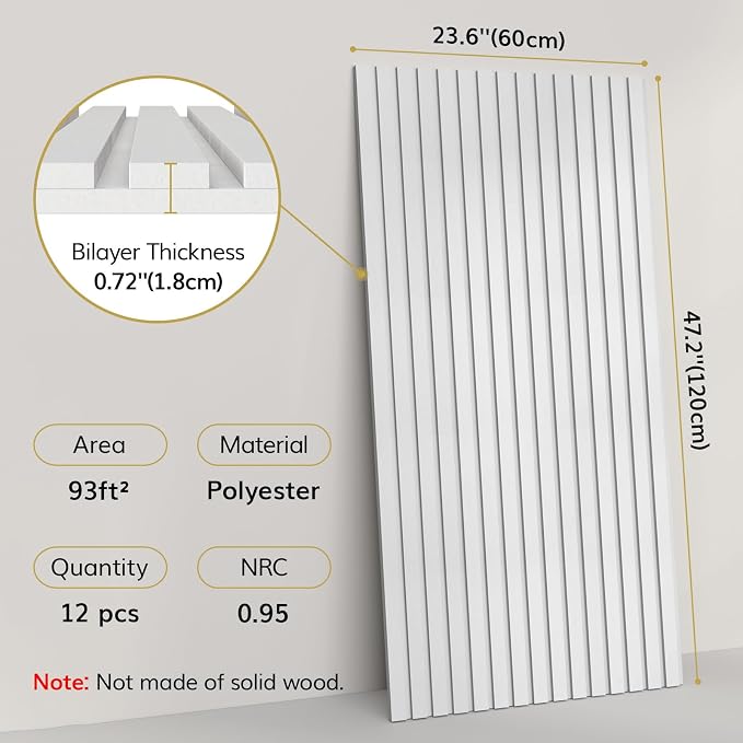 TONOR Dual-Layer Thickened Acoustic Wall Panels Self Adhesive, 12 Pack 47.2"x23.6"x0.72" High Density Large Sound Proof Panels for Walls, Peel and Stick Wall Panels for Interior Wall Décor, White