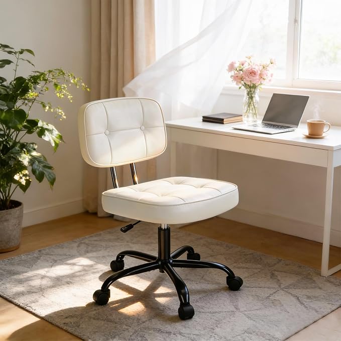 DUMOS Armless Office Desk Chair, Small Vanity Chair with Wheels | PU Leather, Computer Rolling Task, Height Adjustable, Bedroom Living Room, Ivory White