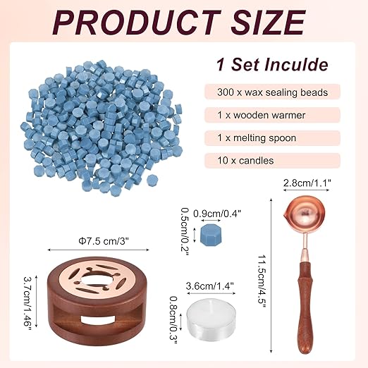 PATIKIL Wax Seal Kit, 300 Pcs Wax Sealing Beads, Wooden Warmer, Melted Spoon, 10 Pcs Tealight Candles for Envelope Letter Mailing Crafts DIY, Smog Blue