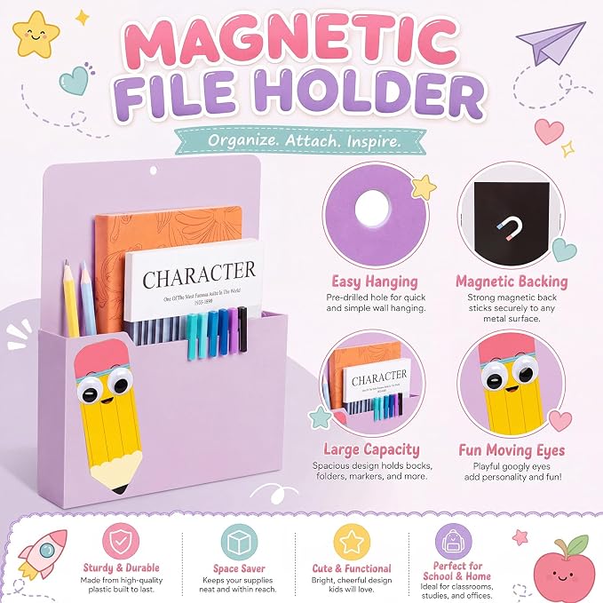 Gilprop 2 Pcs Pencil Purple Magnetic File Folder Holder Pocket File Organizer Classroom Decor Teacher Desk Accessory for Whiteboard Mail Paper Book No Drilling Elementary School Kindergarten Essential